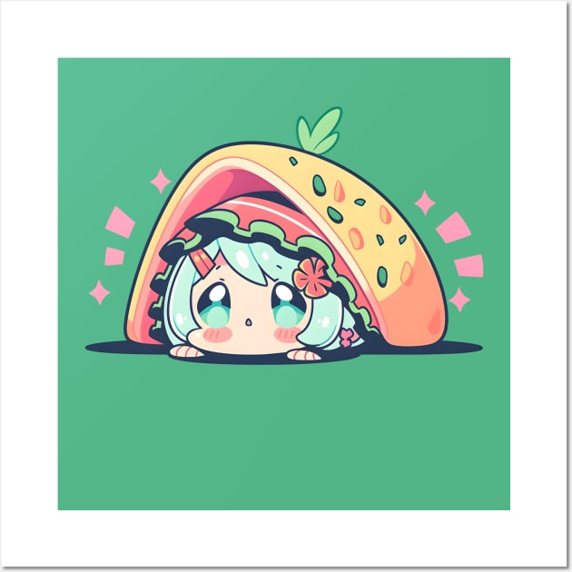 Chibi Anime Taco Girl With Green Blue Hair Wall Art by Chibidorable